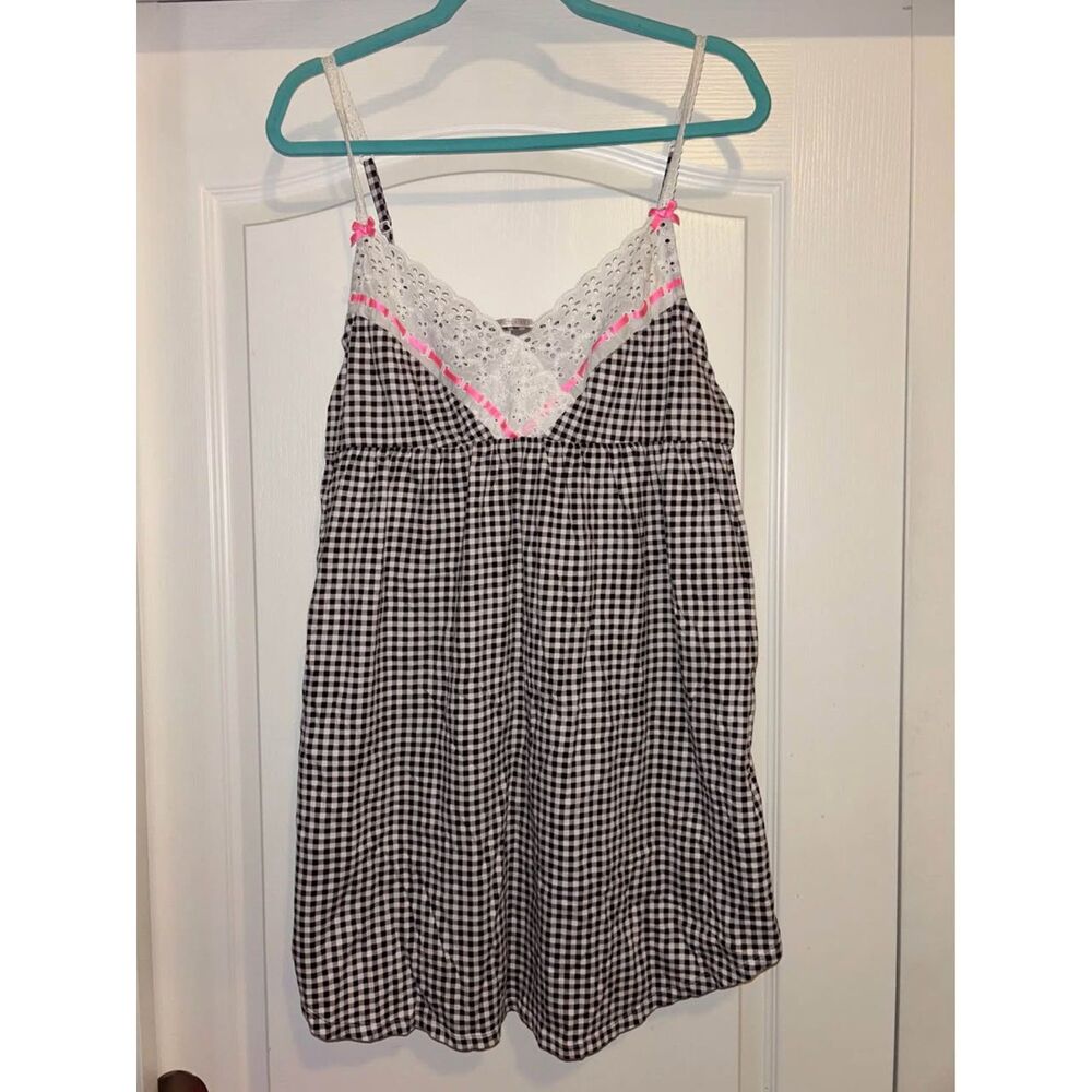 Victoria's Secret black white checkered hot pink lace 100% cotton nightgown L